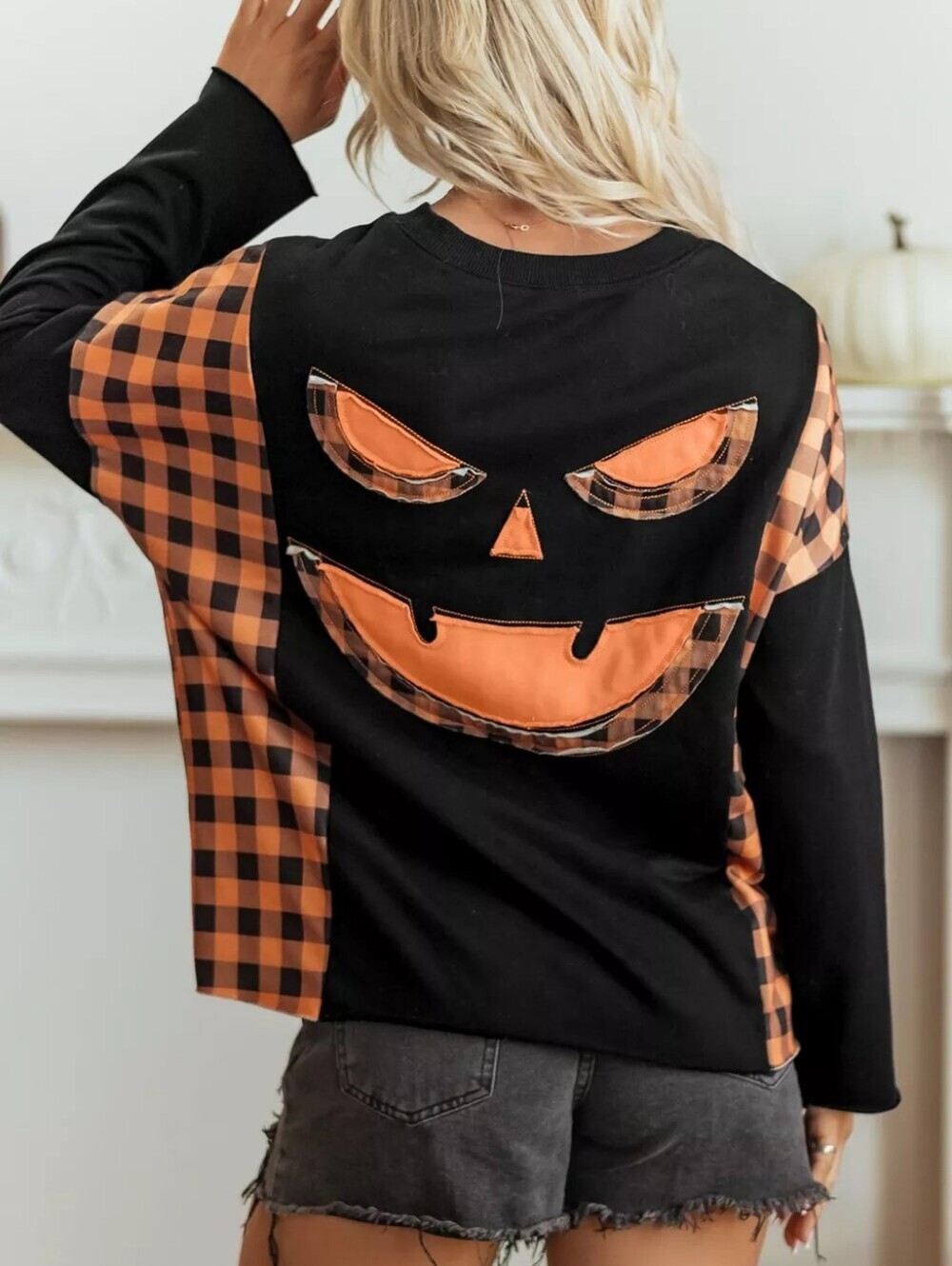 Helloween Patchwork Plaid Pumpkin Face Long Sleeve Top